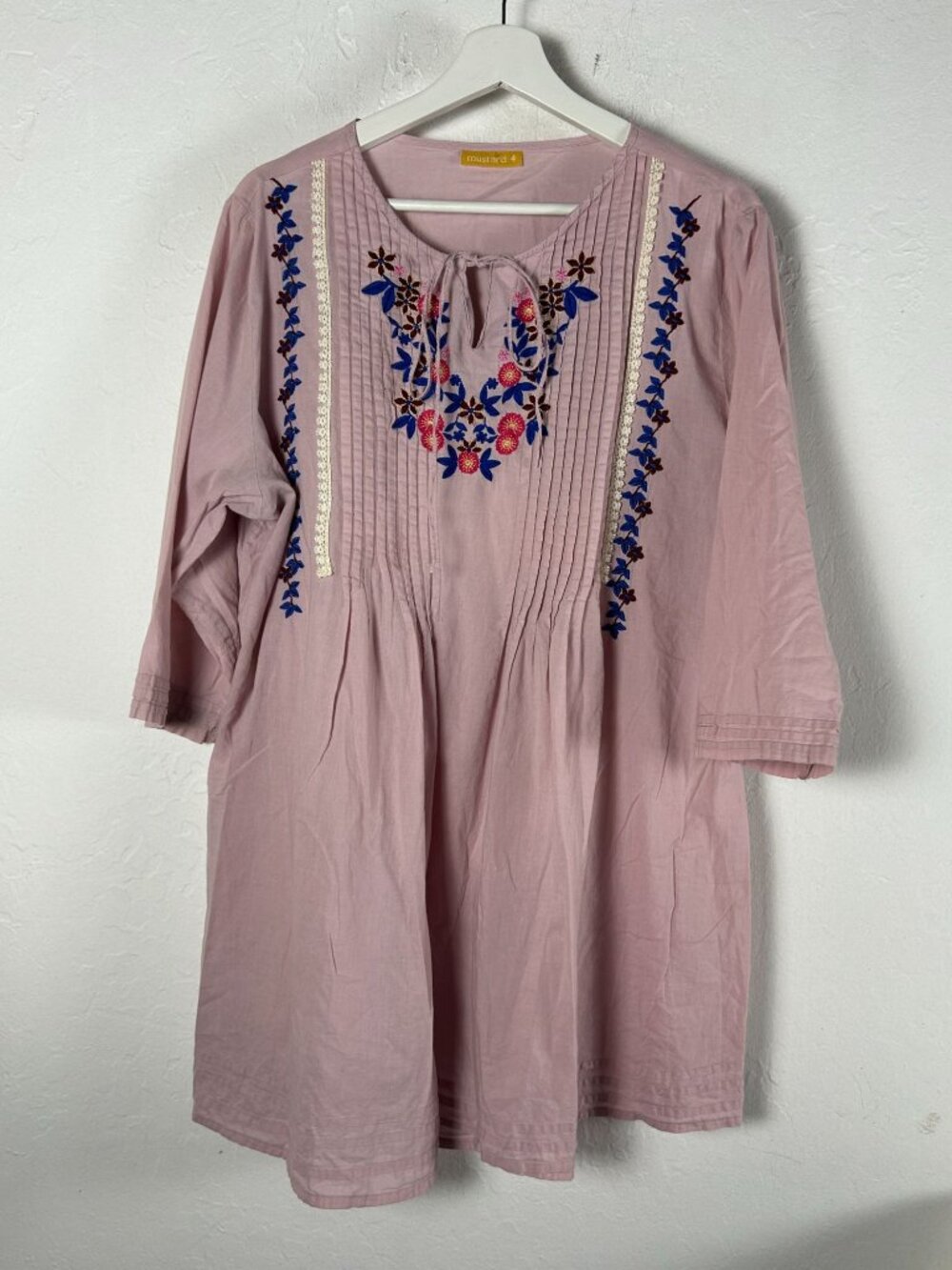 Mustard Womens Pink Embroidered Floral Tunic Top Size 4 Cotton 3/4 Sleeves